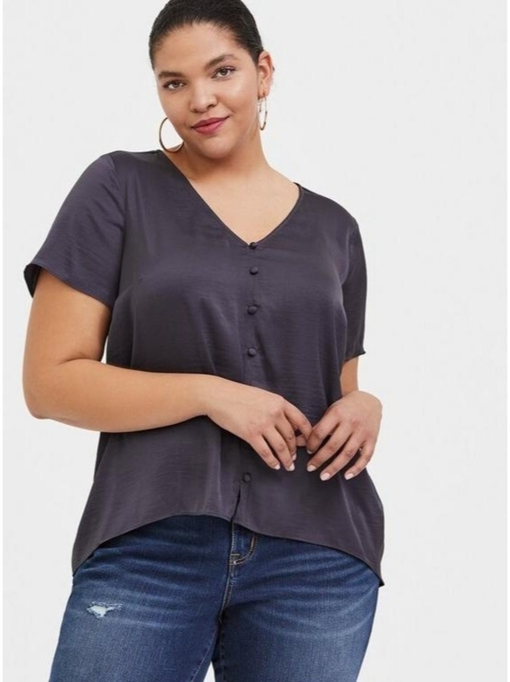 torrid Charcoal Short Sleeve Button-Front V-Neck Top